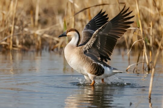 A northern pintail duck spreads its wings while standing in shallow water near reeds.