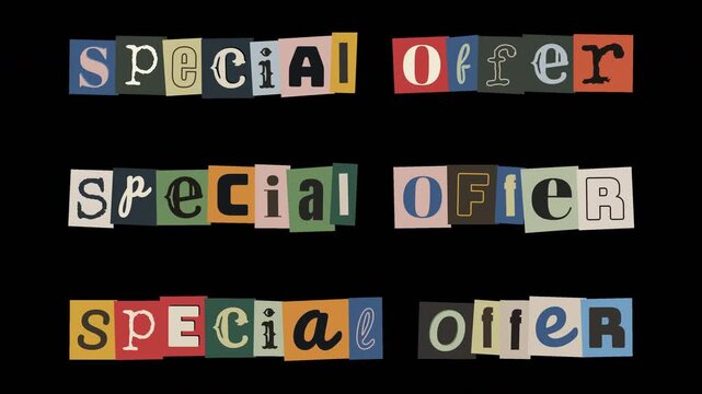 Special offer text animation with ransom note style cutout letters on black