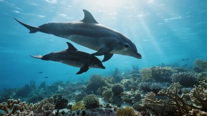 Fototapeta premium Two dolphins swimming gracefully over a vibrant coral reef in clear blue ocean waters