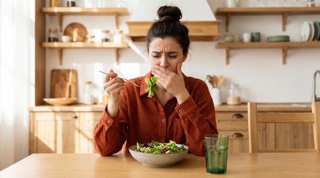 Unhappy young woman expresses intense disgust while trying to eat a healthy salad in her modern kitchen, struggling with taste aversion and the unappetizing meal