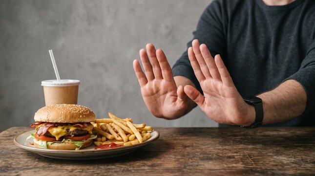 Refusing unhealthy fast food meal including french fries and a burger with a drink on the table, diet