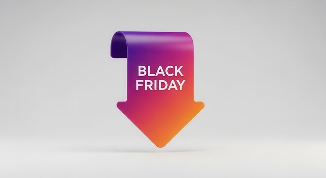 Sleek 3D rendered arrow ribbon with 'Black Friday' text, indicating major holiday shopping savings