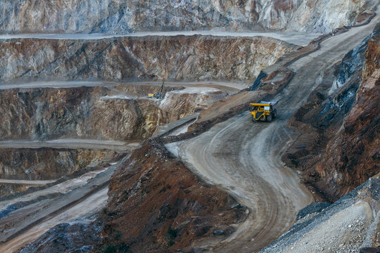 Haul truck descending quarry switchback road