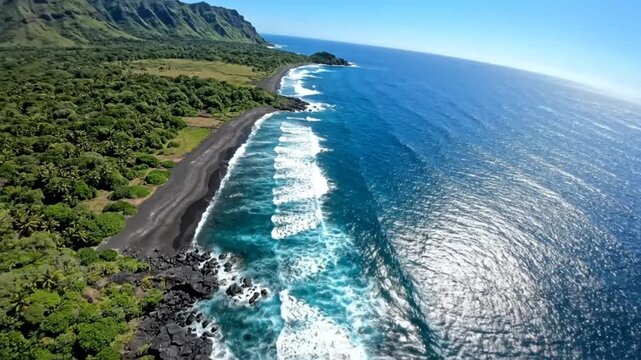 Aerial view of a dramatic black sand beach with lush green rainforest and stunning turquoise ocean waves along a tropical coastline