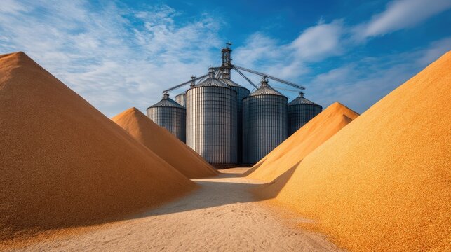 Silos Surrounded by Golden Grain Hills Under Blue Sky