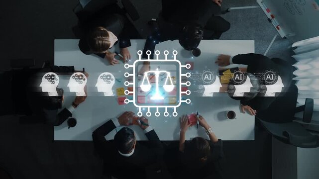 A group of diverse professionals engages in a collaborative discussion about the intersection of artificial intelligence and law, focusing on ethical implications and future trends. Raster