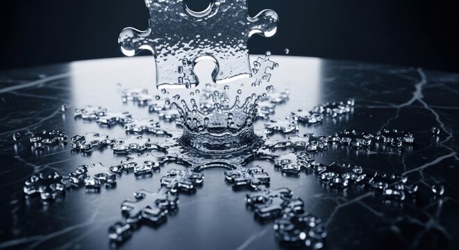 Silver puzzle piece falling into water creating splash on dark marble surface with white veins perfect for problem solving concepts