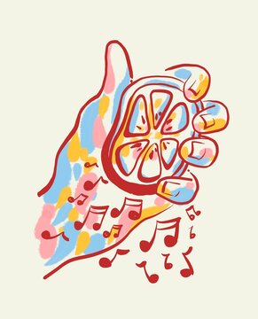 hand squeezing lemon with musical notes