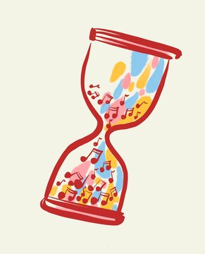 hourglass with flowing musical notes