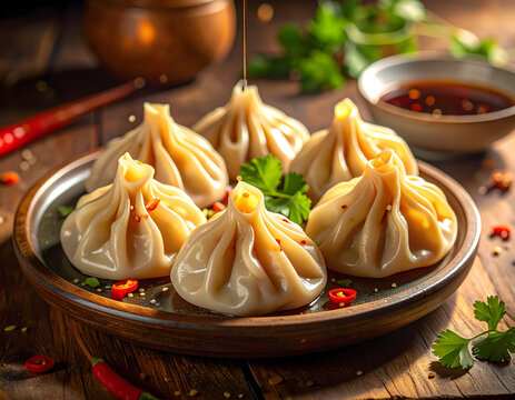 Close-up of delicate, mouth-watering dumplings with shiny, soft skin, drizzled with sauce and garnished with fresh herbs and chili peppers, perfect for a culinary delight