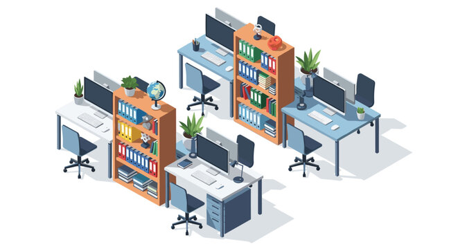 Meticulous isometric office layout features blue workstations and orange bookshelves packed with colorful binders under bright and even professional lighting.