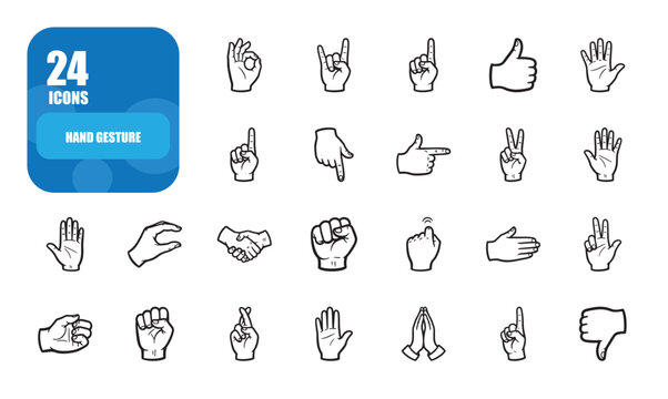 A comprehensive set of outline vector icons depicting various human hand gestures for communication, interaction, and user interface design