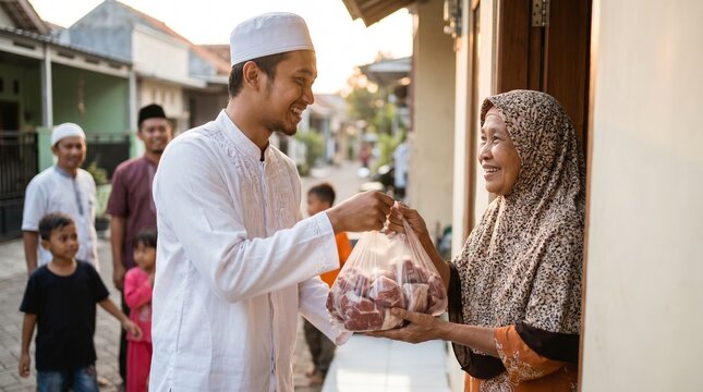 Muslim Man Giving Qurban Meat to Elderly Woman for Eid al-Adha