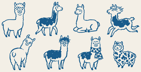 Fototapeta premium A collection of cute, hand-drawn alpacas in various poses and expressions, rendered in a simple blue line art style on a cream background.