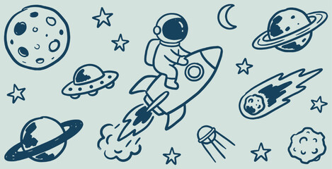 Whimsical doodle illustration of an astronaut riding a rocket through outer space, surrounded by planets, stars, and UFOs. © Riki