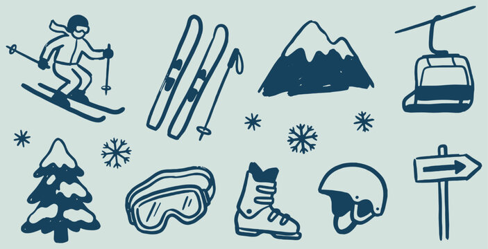 Collection of hand-drawn winter sports icons including a skier, skis, poles, snowboard, goggles, helmet, ski boots, a ski lift, a snowy tree, mountains, and snowflakes.