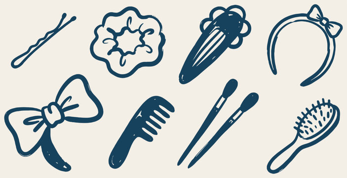 Collection of hand-drawn hair accessories and beauty tools, including a bobby pin, scrunchie, barrette, headband, bow, comb, brushes, and hairbrush.
