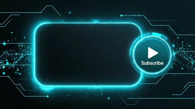 A video showcasing a glowing blue subscribe button on a dark background with neon circuit lines