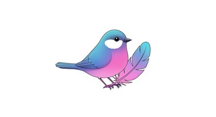 Fototapeta premium A charming cartoon bird with vibrant blue and pink plumage resting next to a gradient feather design