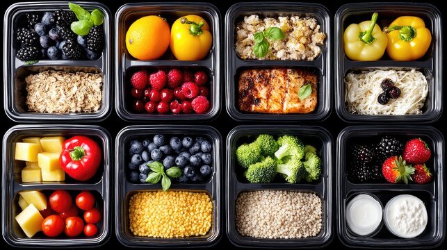 Colorful Meal Prep Containers with Healthy Fresh Ingredients and Snacks