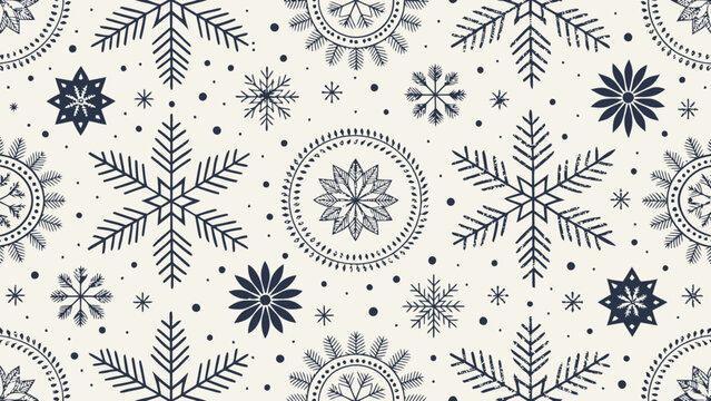 A seamless pattern of snowflakes and dots in a minimalist design