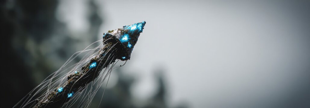 Mysterious glowing alien artifact with bioluminescent blue lights and tendrils emerging from mossy branch in foggy forest
