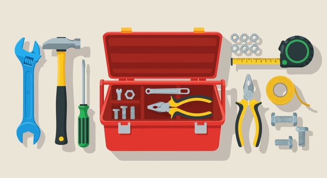 Red toolbox with assorted tools inside.