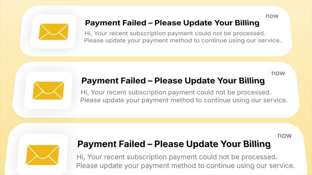 Payment Failed - Please Update Your Billing. appears as an animated notification. Ideal for illustrating digital financial errors, service interruptions, or customer account issues.