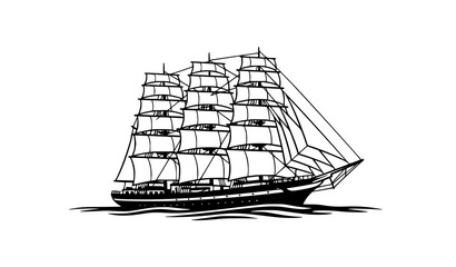 A black and white vector illustration of a sailing ship on calm waters © Najma