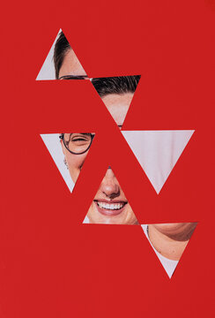 Analog Shapes Show Smiling Faces on Red Background With Art Elements