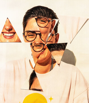 Analog collage, distorted portrait of happy woman