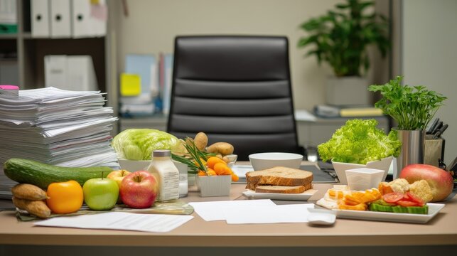 Creative office desk with fresh food and cluttered paperwork display