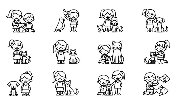 A set of cute cartoon illustrations of children with pets and animals