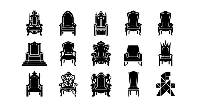 Royal throne icons set, medieval king chair silhouettes, 15 black vector elements