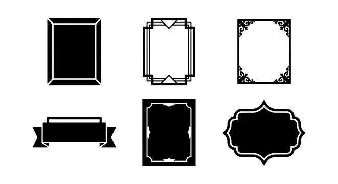 Vintage Art Deco frames, 6 black decorative border icons, elegant retro label vector set