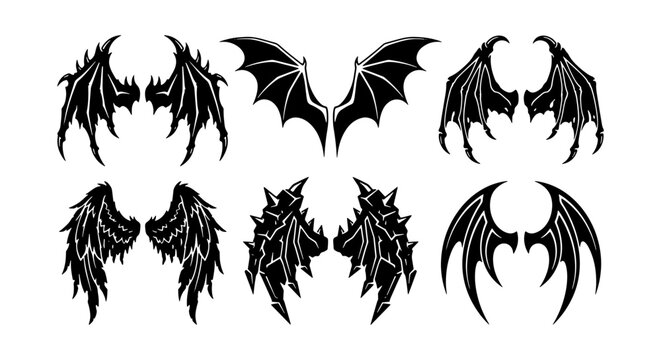 Gothic demon wings set, black dragon wing silhouettes, 6 vector devil wing icons