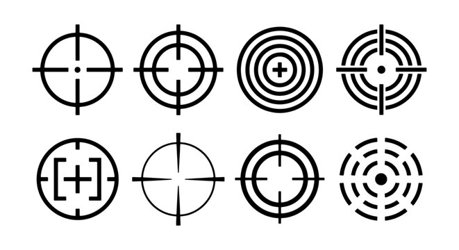 Target crosshair icon set, 8 black aim symbols, sniper scope and bullseye vector pack