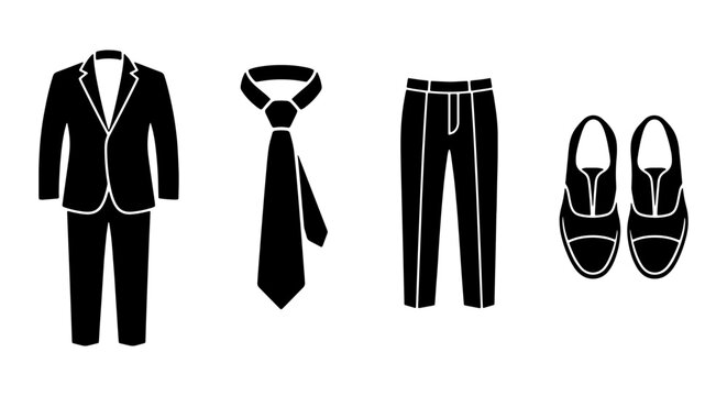 Formal business suit icons, black mens clothing set, tuxedo and necktie vector elements