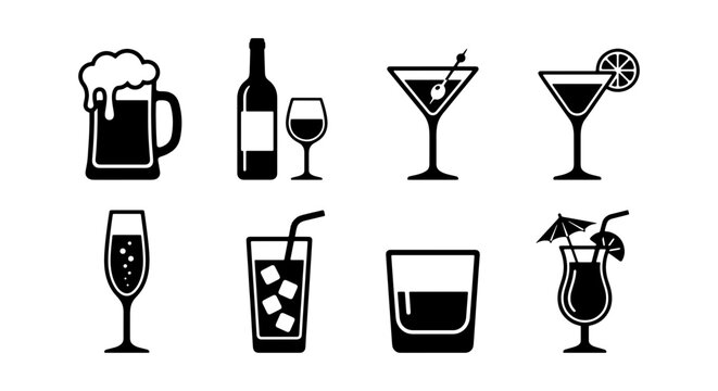 Alcoholic drink icons set, black beverage silhouettes, 8 cocktail and beer vector signs