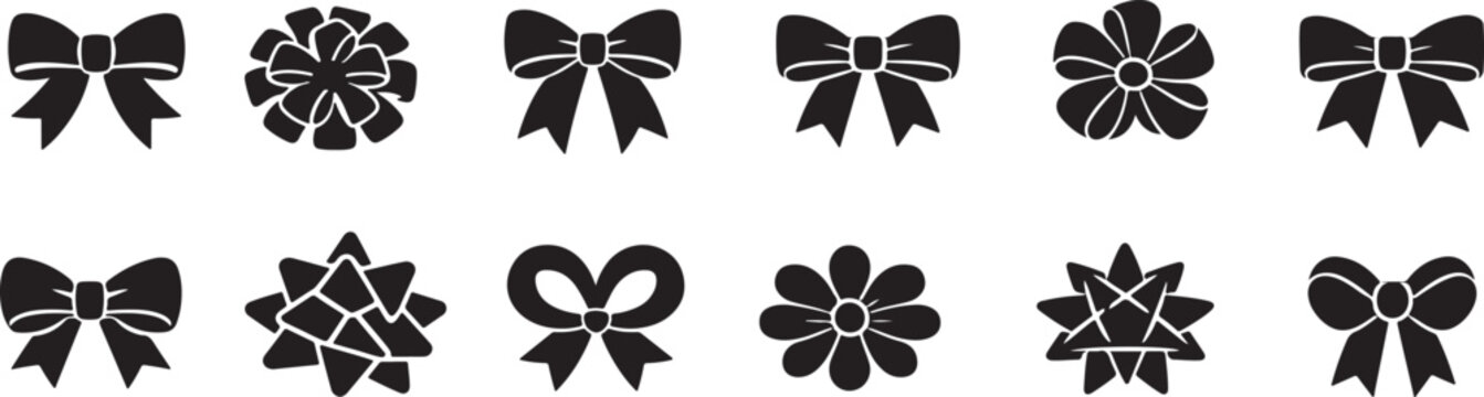  Bold black bow ribbon icons. Minimal gift wrap doodle symbols