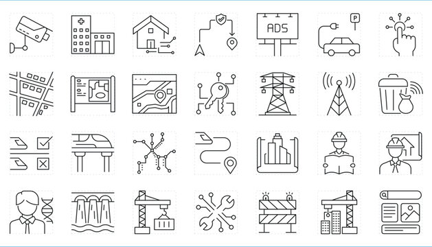 Urban Innovation related editable stroke line icons set.
