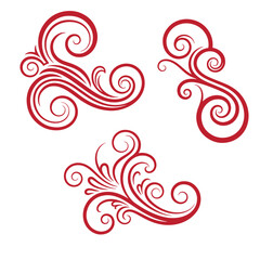 Fototapeta premium Red swirling floral patterns on white background, set of three