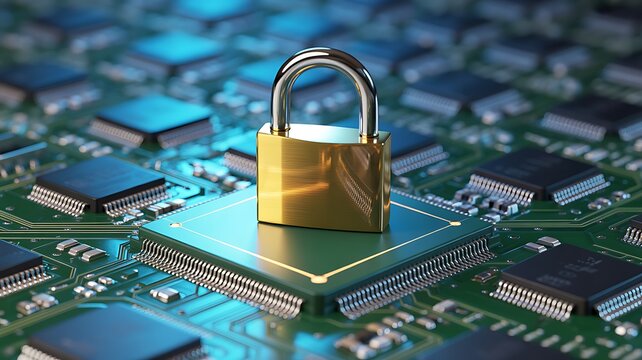 Digital security concept with a gold padlock