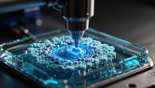 Precision 3D printer nozzle creating a complex blue fractal structure inside a glass petri dish in a high-tech laboratory