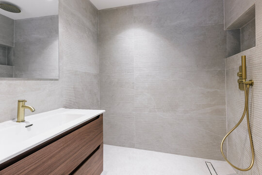 Contemporary Bathroom with Brass Shower