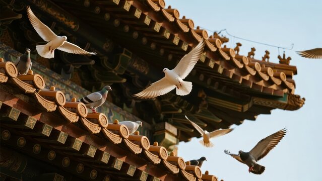 White doves flying near traditional ornate roof with golden tiles