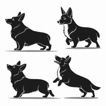 corgi dog silhouettes set in various poses isolated on white background
