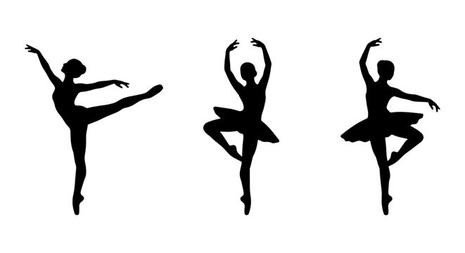 Graceful ballerina silhouettes, set of 3 ballet dancer vectors, elegant dancing poses