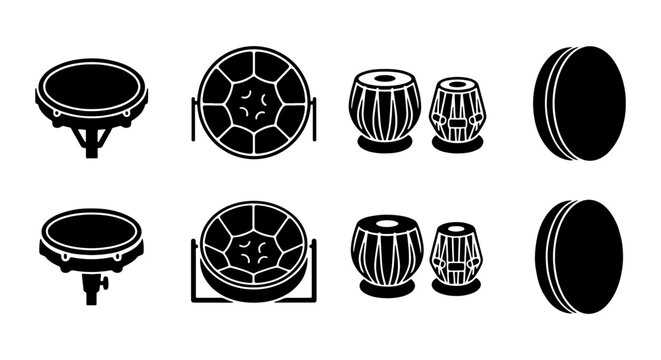 Percussion instrument icon set, ethnic drums and steelpan vectors, black music symbols