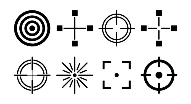Target crosshair icons set, black aim symbols, 8 vector sniper scope reticle elements
